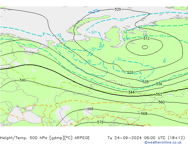 Height/Temp. 500 гПа ARPEGE вт 24.09.2024 06 UTC