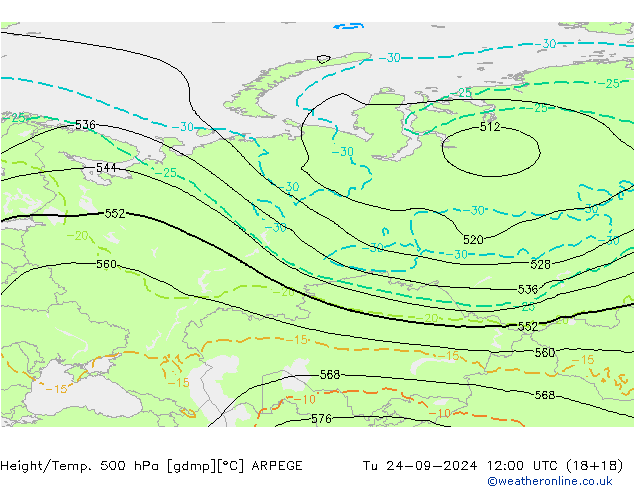 Geop./Temp. 500 hPa ARPEGE mar 24.09.2024 12 UTC