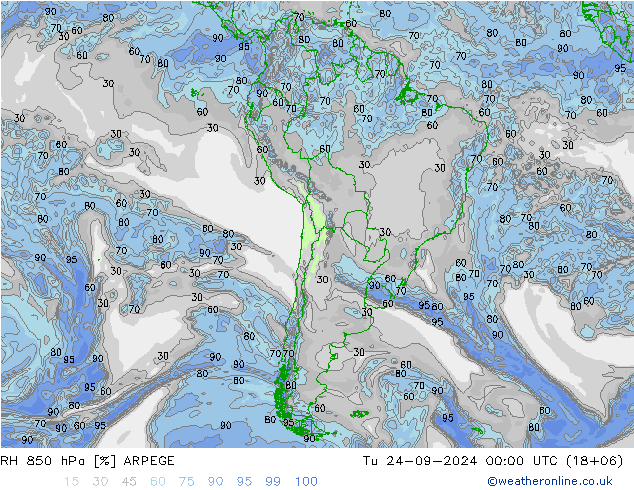 RH 850 hPa ARPEGE Út 24.09.2024 00 UTC