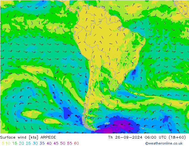 Vento 10 m ARPEGE Qui 26.09.2024 06 UTC