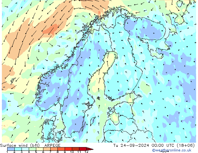  10 m (bft) ARPEGE  24.09.2024 00 UTC