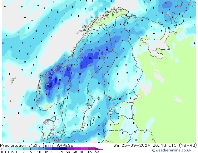 осадки (12h) ARPEGE ср 25.09.2024 18 UTC