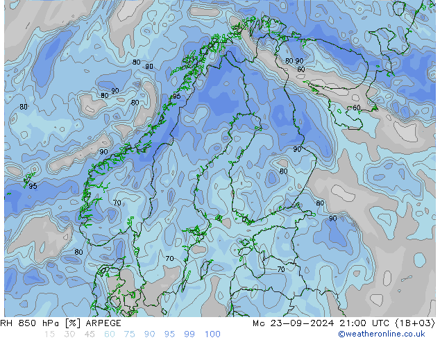 RH 850 гПа ARPEGE пн 23.09.2024 21 UTC