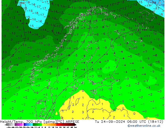 Height/Temp. 700 гПа ARPEGE вт 24.09.2024 06 UTC