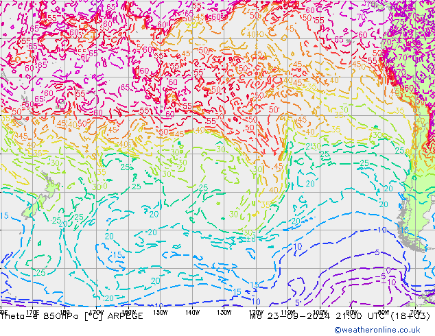 Theta-e 850hPa ARPEGE Mo 23.09.2024 21 UTC