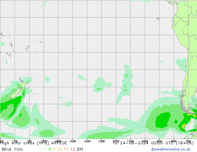 High wind areas ARPEGE Út 24.09.2024 00 UTC