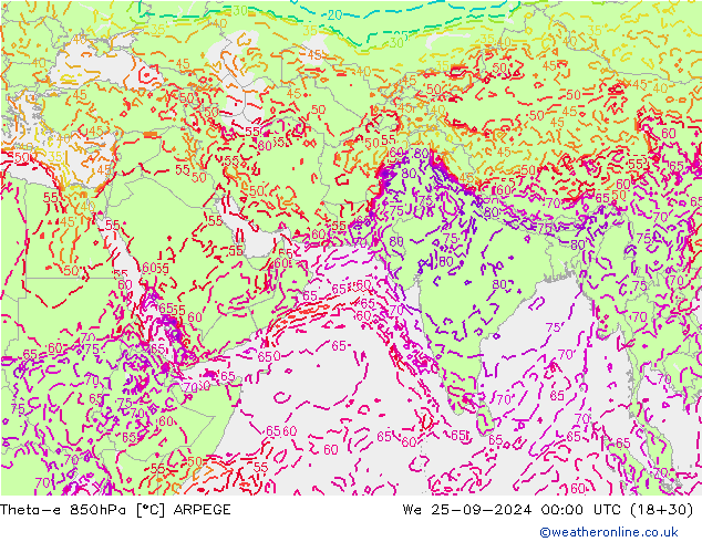 Theta-e 850hPa ARPEGE Qua 25.09.2024 00 UTC