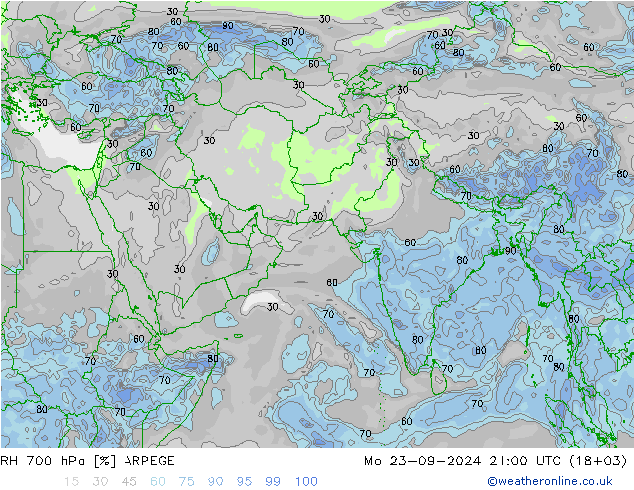 RH 700 hPa ARPEGE  23.09.2024 21 UTC