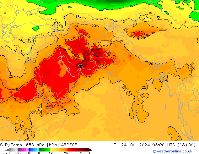 SLP/Temp. 850 hPa ARPEGE Ter 24.09.2024 03 UTC