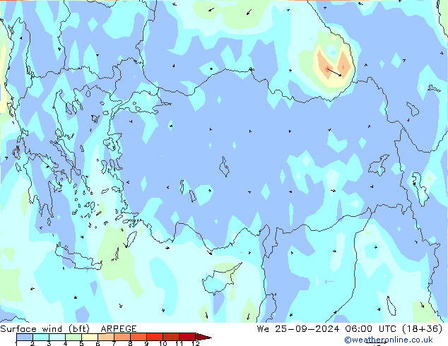 Vent 10 m (bft) ARPEGE mer 25.09.2024 06 UTC