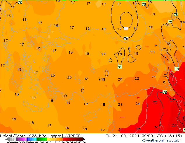 Hoogte/Temp. 925 hPa ARPEGE di 24.09.2024 09 UTC