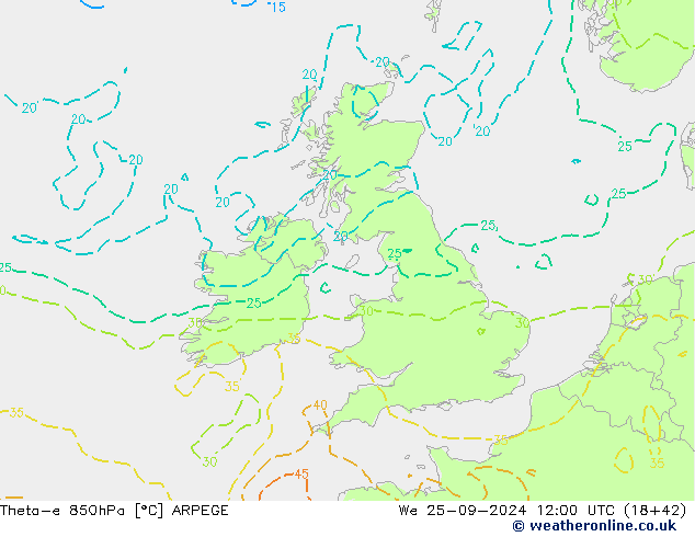 Theta-e 850hPa ARPEGE mer 25.09.2024 12 UTC