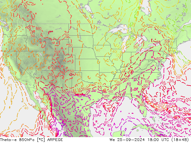 Theta-e 850hPa ARPEGE  25.09.2024 18 UTC