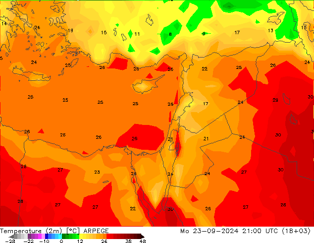 Temperature (2m) ARPEGE Po 23.09.2024 21 UTC