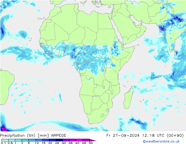 Precipitation (6h) ARPEGE Fr 27.09.2024 18 UTC