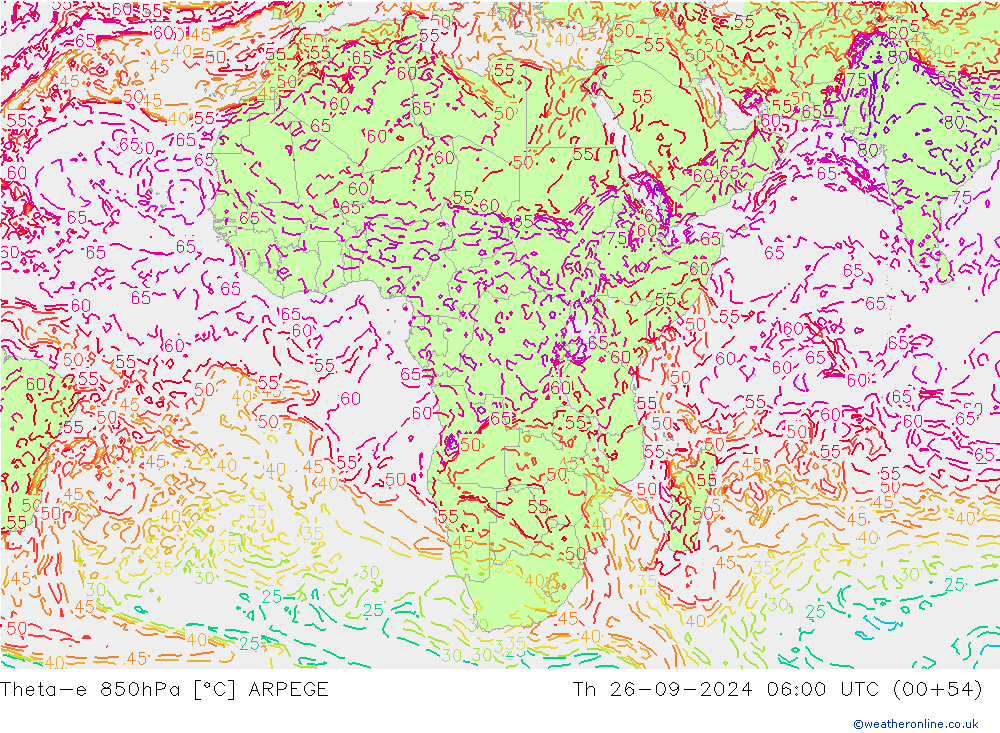 Theta-e 850hPa ARPEGE Th 26.09.2024 06 UTC