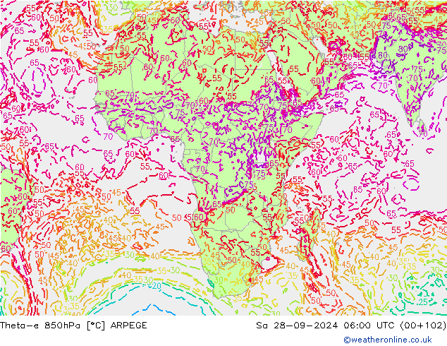 Theta-e 850hPa ARPEGE Sa 28.09.2024 06 UTC