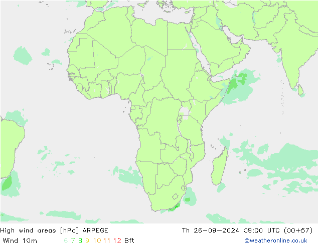 High wind areas ARPEGE Čt 26.09.2024 09 UTC