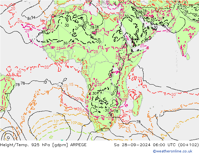 Hoogte/Temp. 925 hPa ARPEGE za 28.09.2024 06 UTC