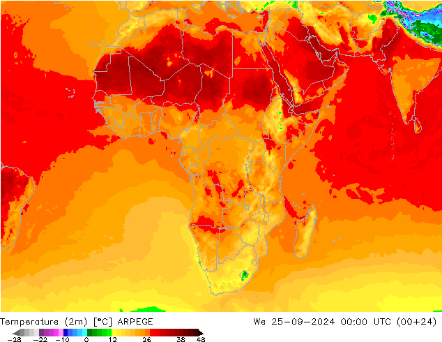 Temperatura (2m) ARPEGE mer 25.09.2024 00 UTC