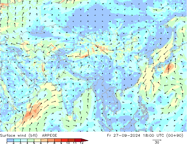 Vent 10 m (bft) ARPEGE ven 27.09.2024 18 UTC