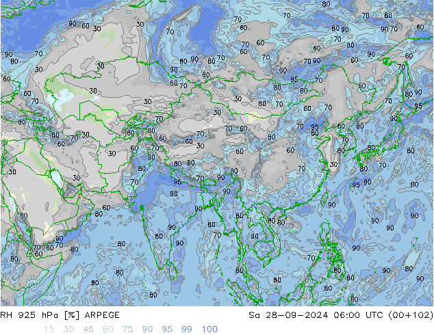 Humedad rel. 925hPa ARPEGE sáb 28.09.2024 06 UTC