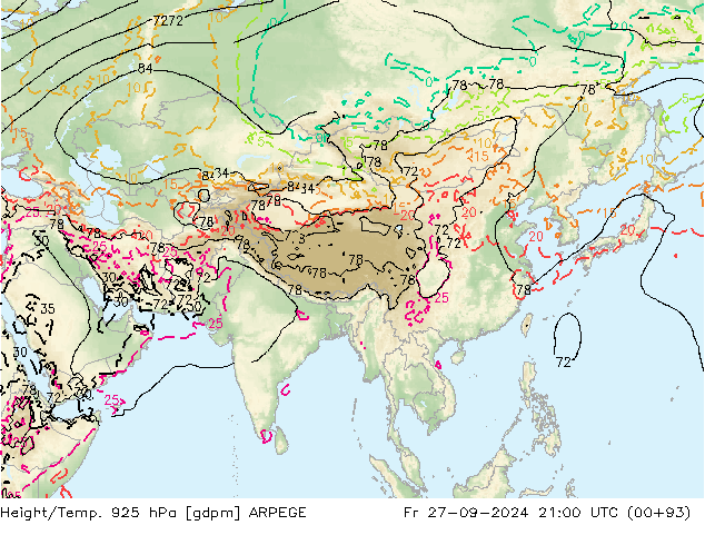 Height/Temp. 925 гПа ARPEGE пт 27.09.2024 21 UTC