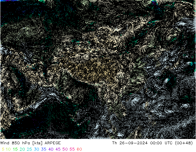 Wind 850 hPa ARPEGE Th 26.09.2024 00 UTC