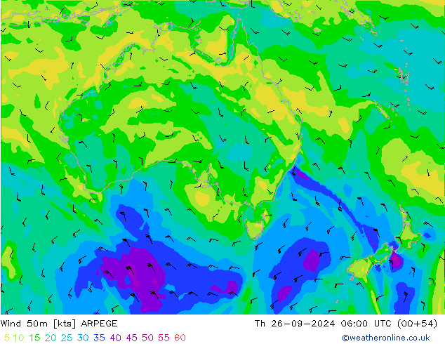 Vento 50 m ARPEGE Qui 26.09.2024 06 UTC