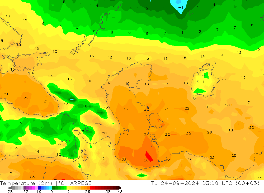 карта температуры ARPEGE вт 24.09.2024 03 UTC