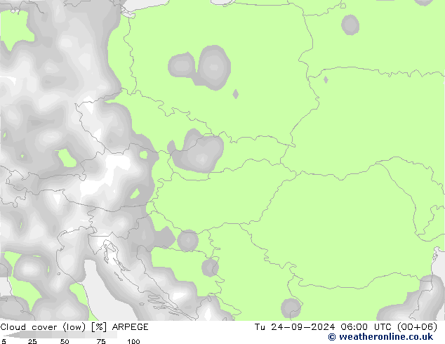 Cloud cover (low) ARPEGE Tu 24.09.2024 06 UTC