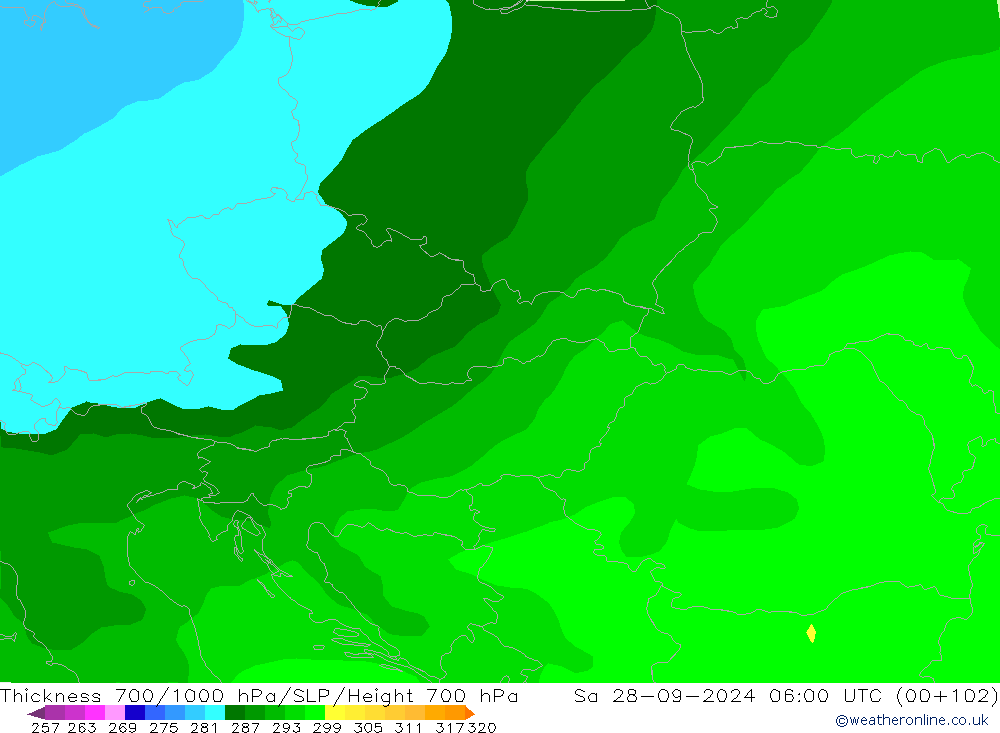 Espesor 700-1000 hPa ARPEGE sáb 28.09.2024 06 UTC