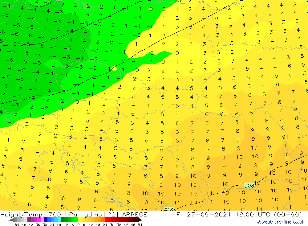 Height/Temp. 700 hPa ARPEGE Fr 27.09.2024 18 UTC