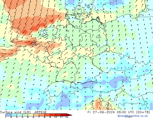 ве�Bе�@ 10 m (bft) ARPEGE пт 27.09.2024 06 UTC