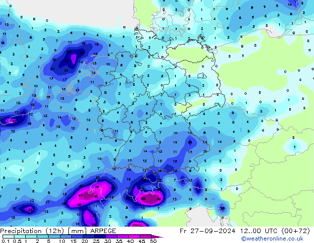 Totale neerslag (12h) ARPEGE vr 27.09.2024 00 UTC