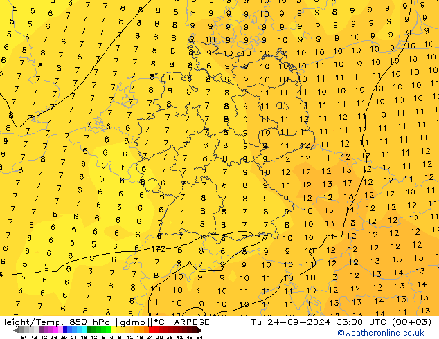 Height/Temp. 850 гПа ARPEGE вт 24.09.2024 03 UTC