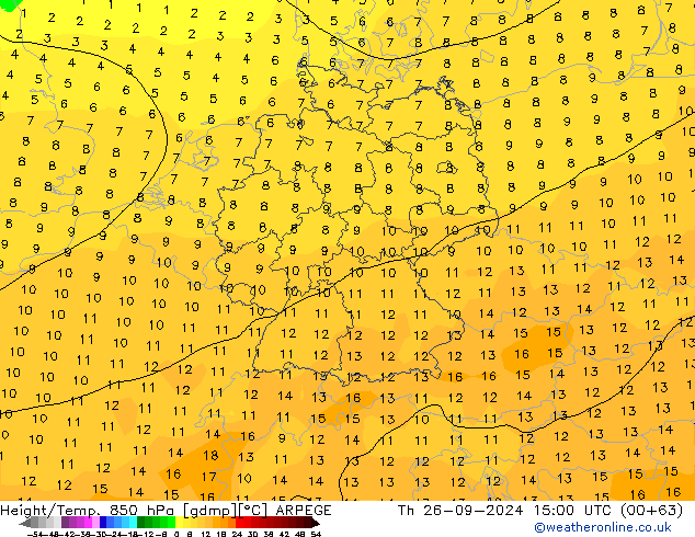 Height/Temp. 850 hPa ARPEGE gio 26.09.2024 15 UTC