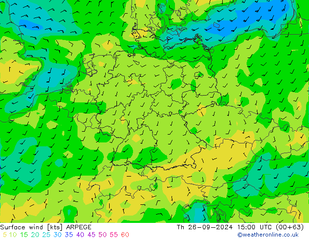wiatr 10 m ARPEGE czw. 26.09.2024 15 UTC