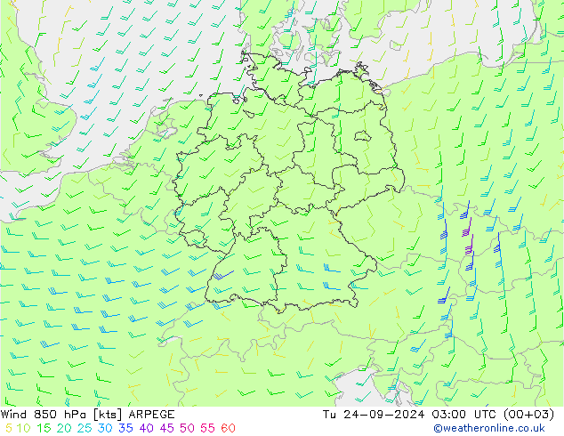 Wind 850 hPa ARPEGE Tu 24.09.2024 03 UTC