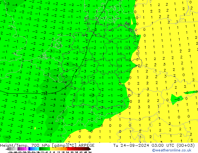 Height/Temp. 700 гПа ARPEGE вт 24.09.2024 03 UTC