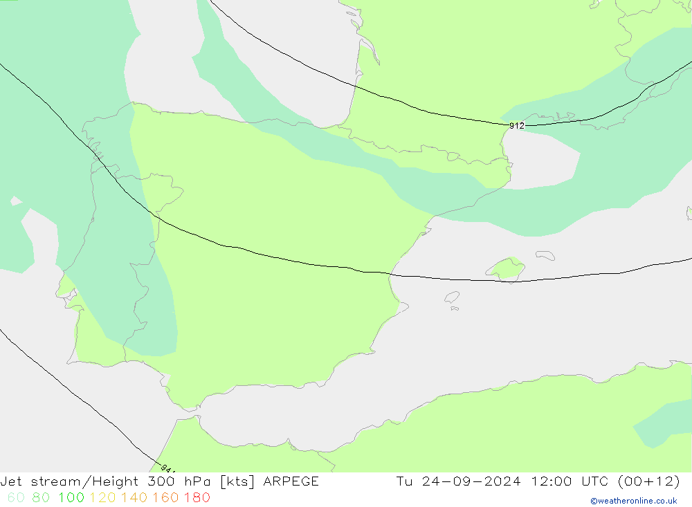 Jet stream/Height 300 hPa ARPEGE Tu 24.09.2024 12 UTC