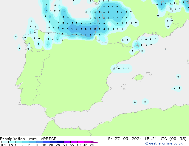 Precipitazione ARPEGE ven 27.09.2024 21 UTC