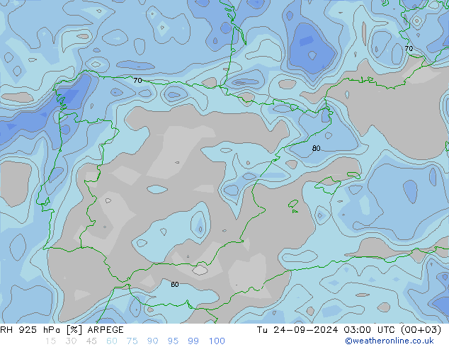 RH 925 гПа ARPEGE вт 24.09.2024 03 UTC