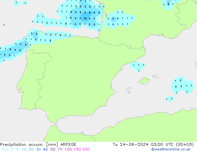 Precipitation accum. ARPEGE Út 24.09.2024 03 UTC