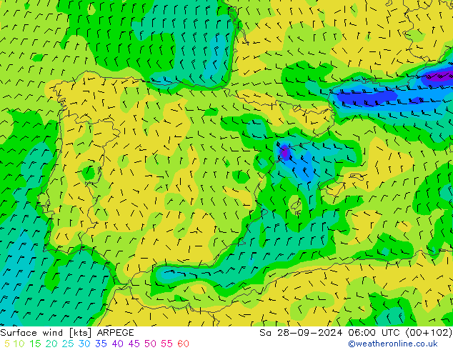 Surface wind ARPEGE Sa 28.09.2024 06 UTC