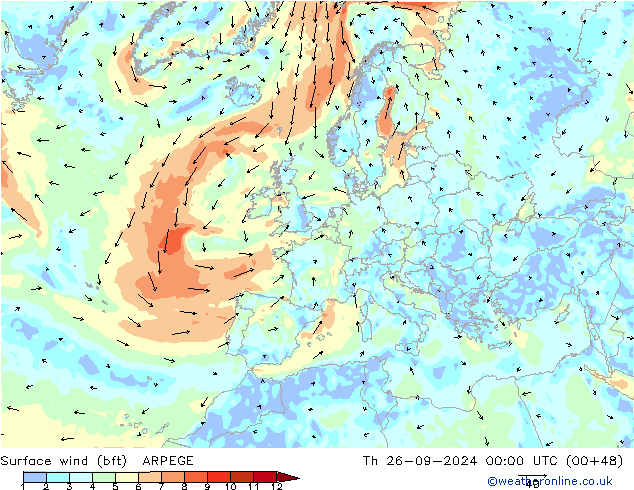 Surface wind (bft) ARPEGE Čt 26.09.2024 00 UTC