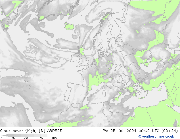 Nuages (élevé) ARPEGE mer 25.09.2024 00 UTC