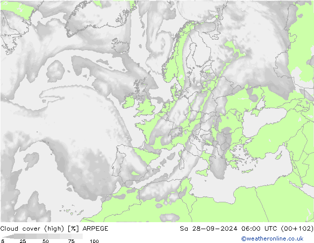 nuvens (high) ARPEGE Sáb 28.09.2024 06 UTC