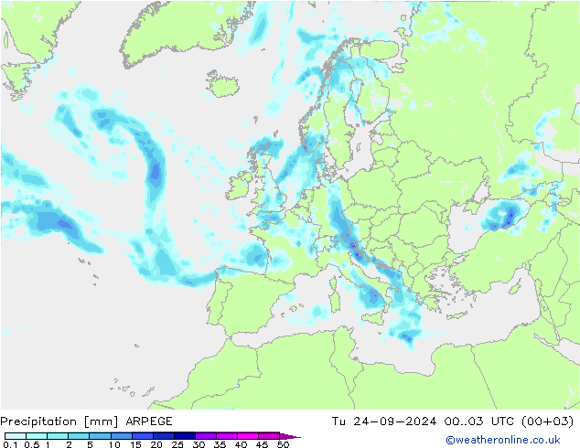 precipitação ARPEGE Ter 24.09.2024 03 UTC