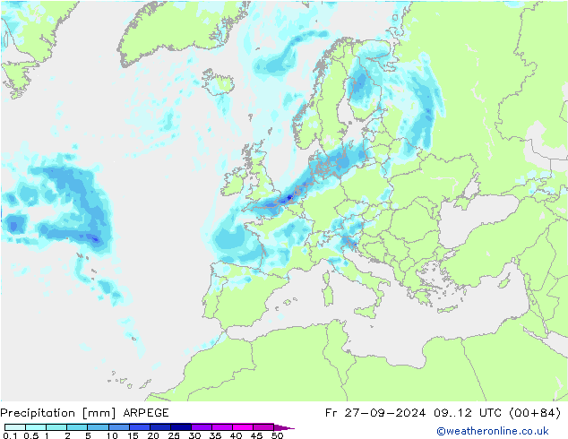 Neerslag ARPEGE vr 27.09.2024 12 UTC